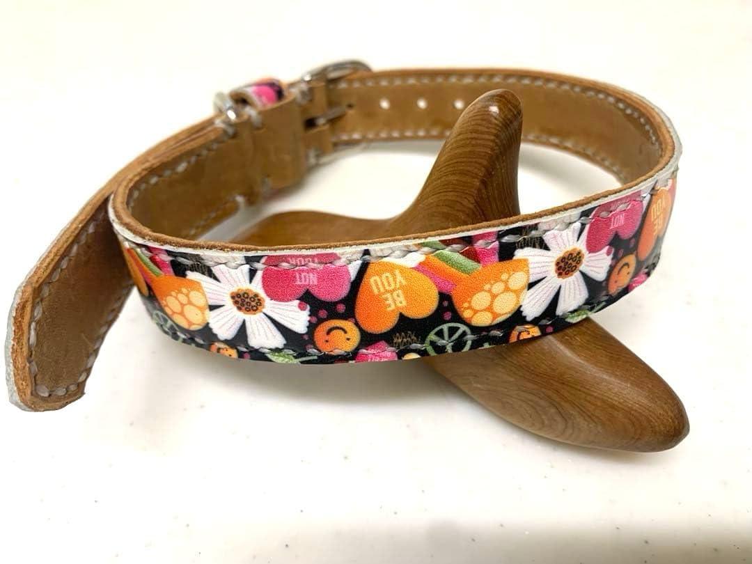犬用首輪 本革製 牛革 花柄プリント