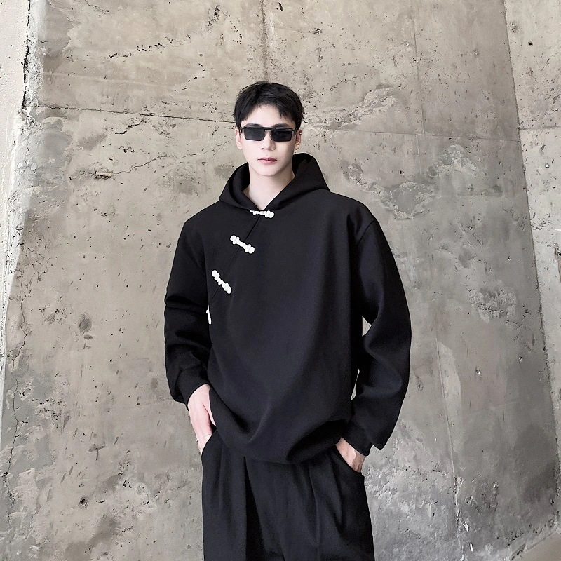 【快速出荷】チャイナ風トップス メンズ パーカー 黒 チャイナ服 普段着 フード付きパーカー 着瘦せ 厚手 秋冬 男女兼用 オーバーサイズ