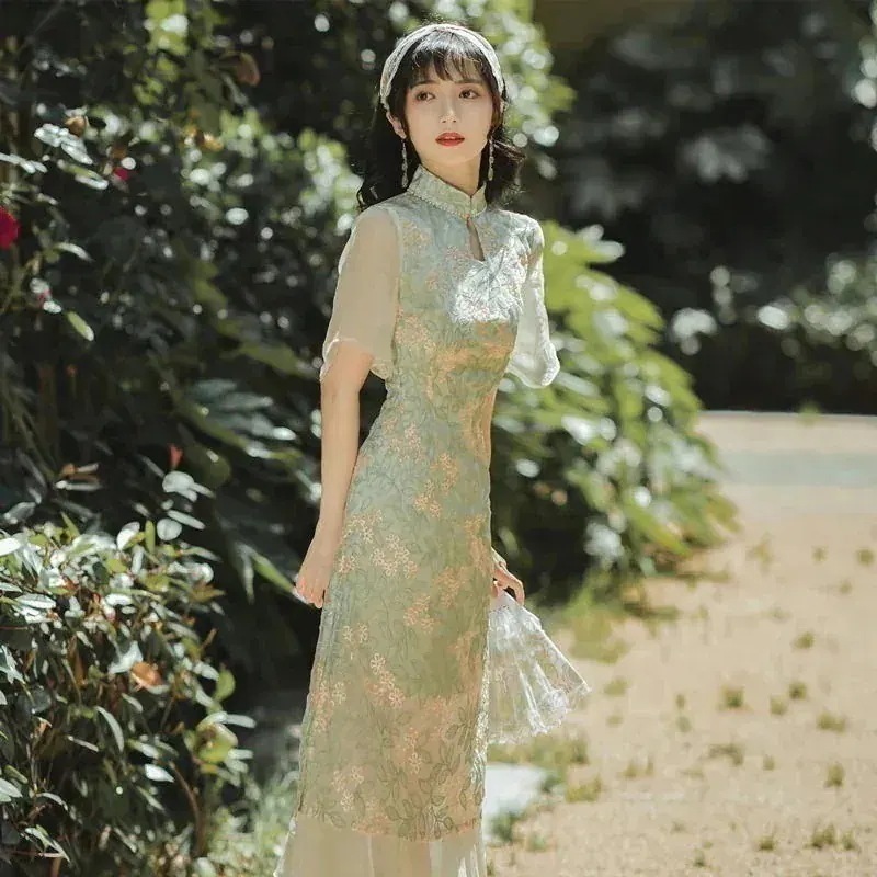 改良されたチャイナドレスの女性ののスリムフィットスリムで優しいレトロな刺繍のミドル丈ウエストドレワンピースドレスドレス