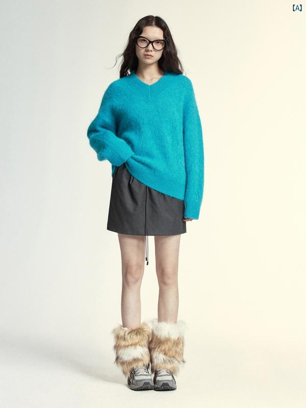 レディース　ファッション　レディースファッション　海外風 ヒーリング カラー ユニセックス アルパカ ファー Vネック セーター