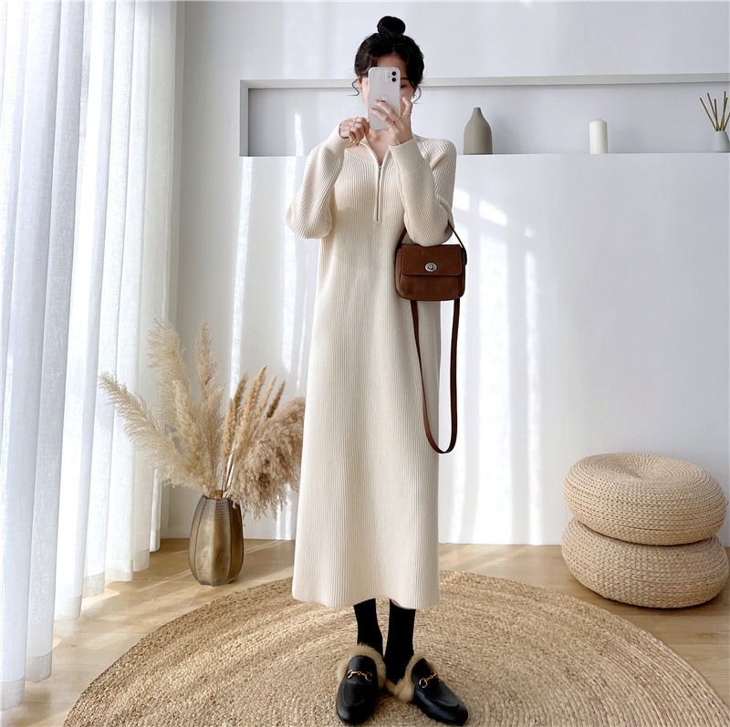 .秋冬フレンチラペルルーズセーターワンピース女性ボトムインナーハイネックニットワンピースロング 5,168円
