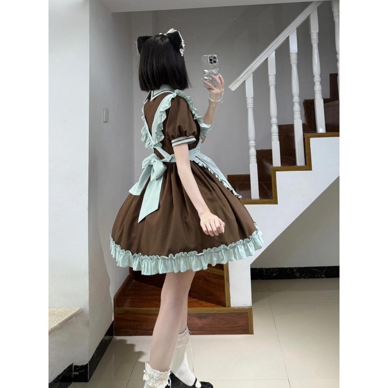 【急速発送】送.料.無.料.ロリータ リボンスリーブ ワンピース 春夏Cosメイドストラップエプロン2点セット