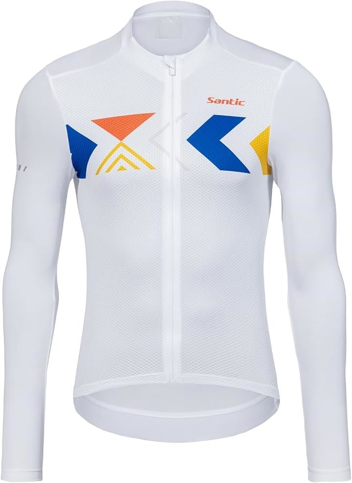 メンズ サイクルジャージ 春秋用 長袖 サイクリングウェア UVカット 吸汗速乾 通気性 薄手 弾力 伸縮性 ロードバイク 自転車 ポケット付(ホワイト, M)