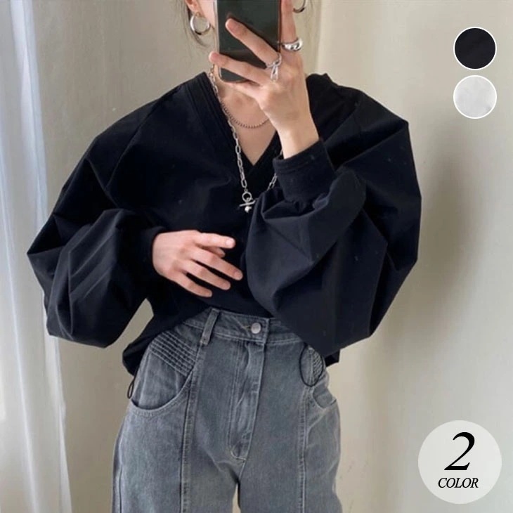 長袖 シャツ レディース 春 秋 Vネック トップス シャツブラウス ボリュームスリーブ ボリューム袖 シンプル カジュアル きれいめ 通勤 オフィス オフィスカジュアル OL 韓国ファッション
