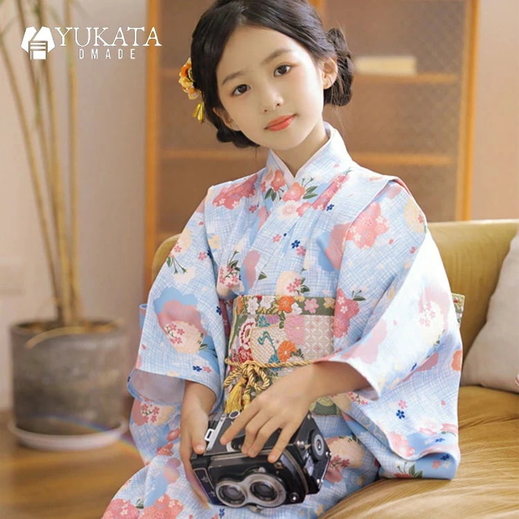 【タイムセール】一生もの浴衣 子供 水仙 花柄 水色 女の子 可愛い 3点セット ゆかた 足袋 腰ひも ワンピース キッズ 10代 ライトブルー こどもゆかた 浴衣セット 盆踊り ゆかた レトロ 90