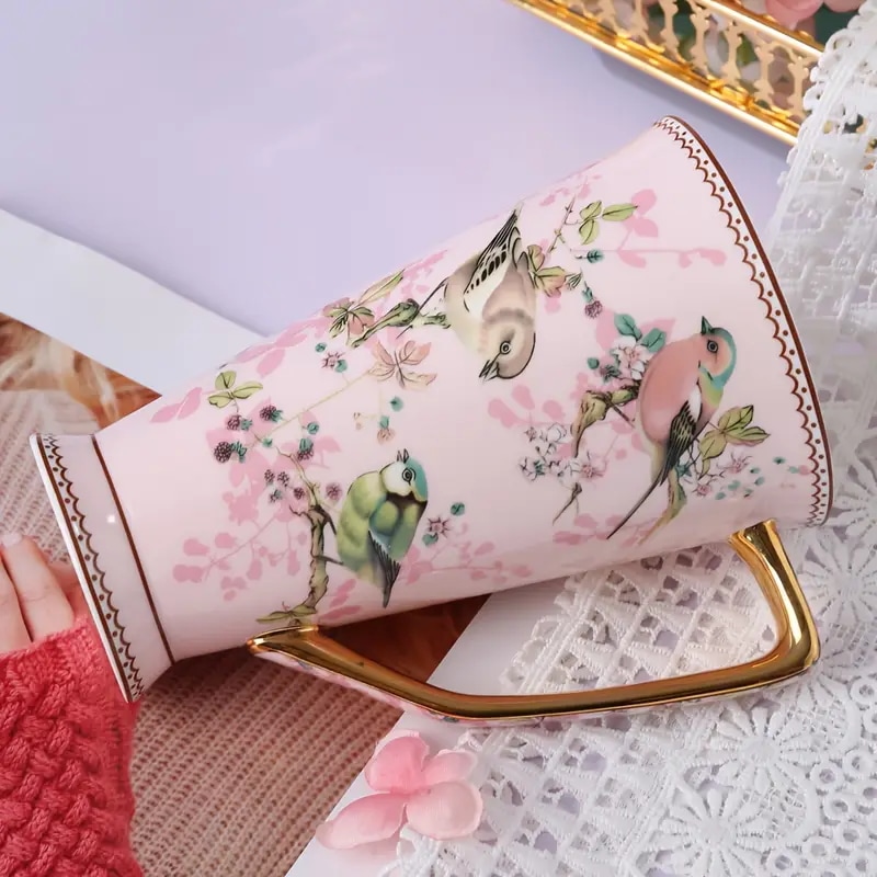 1個ピンクの花と鳥のパターンが入ったボーンチャイナのマグ480ml/16.89fl.oz大容量滑り止め再利用可能断熱手洗いのみハンドル付き家庭オフィスバレンタインデー誕生日クリ 5,096円