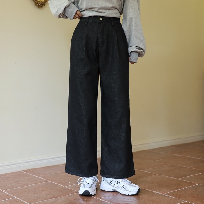 [韓国ファッション] 色移り防止 シングルタック ロングワイドデニムパンツ