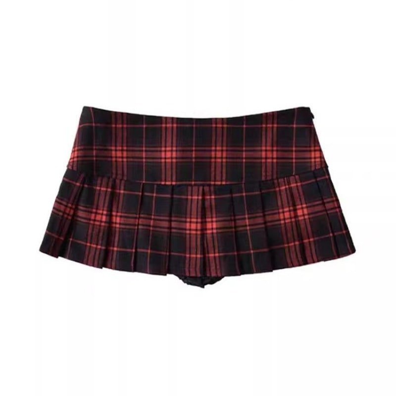アメリカンレトロJKスタイルのローウエストチェック柄ミニスカート春夏セクシー露出防止脚長効果のあるAラインプリーツスカート