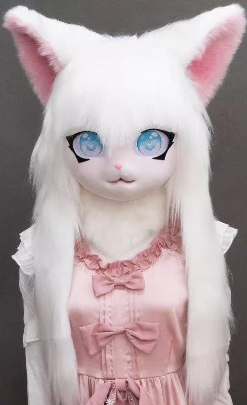 着ぐるみヘッド 猫 白 口閉じる 全頭ヘッド ケモノ マスク ファー