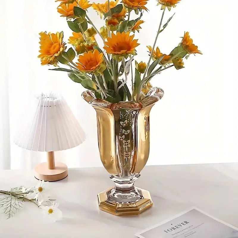 花瓶 ガラス フラワーベース 一輪挿し 花器 おしゃれ 上品 口径21.5cm レトロ ブラウン 透明 リビング 窓辺 テーブル 玄関 プレゼント 輸入雑貨