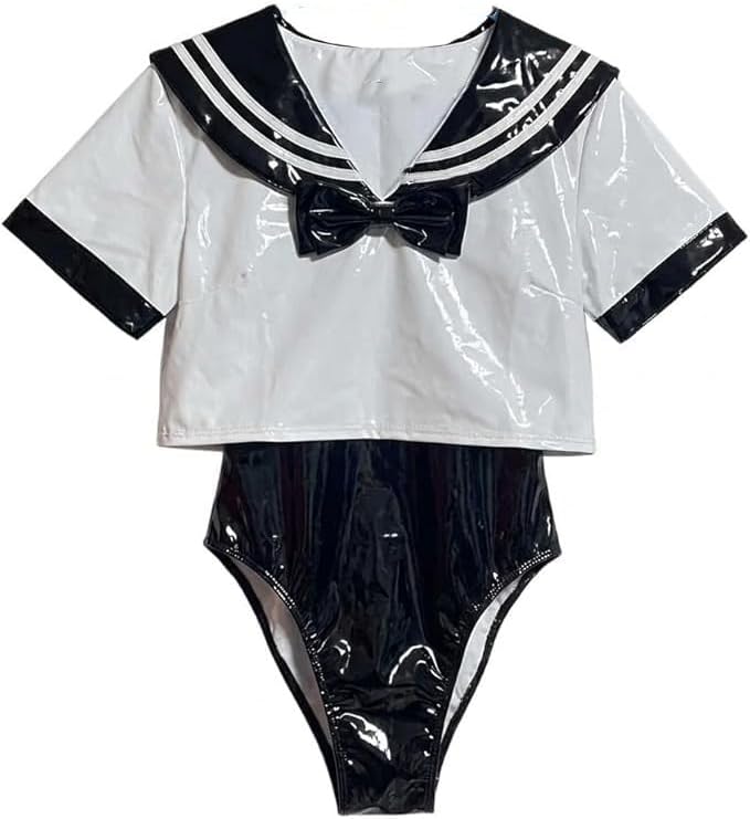 白 黑半袖セーラー服＋レオタード 光沢合皮 エナメル スクール水着 コスプレ衣装