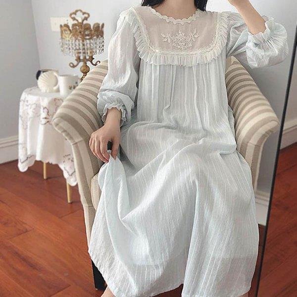 2色！レディース レトロ 姫系 花刺しゅう ネグリジェ 寝巻き マキシ丈 長袖 フリル ワンピース