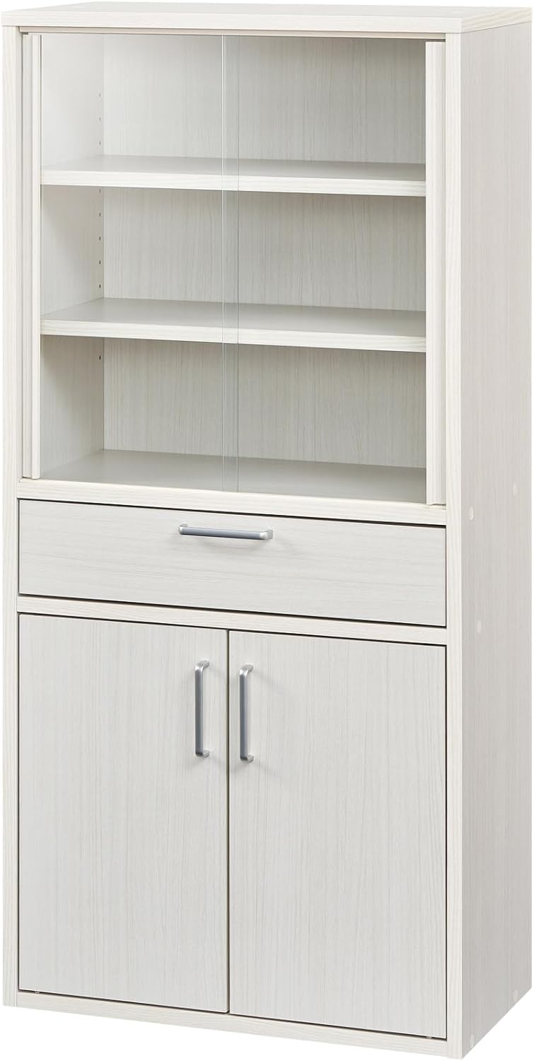 白井産業 食器棚 カップボード キッチン収納 ガラスキャビネット 一人暮らしの部屋や狭いスペースにぴったりサイズ ホワイト 白木目 ベーシックデザイン 幅56.6×奥行29.5×高さ119cm 8,216円