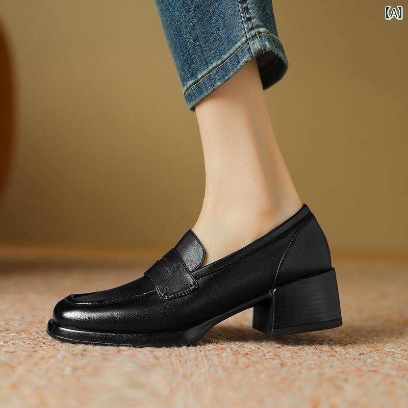 ローファー レディース オフィス 通勤 仕事 レトロ 英国 スタイル スクエアトゥ 革 ミディアム ヒール ブラウン 深口 シングル シューズ 女性 太い ヒール ソフトレザー ソフト ソール ワーク