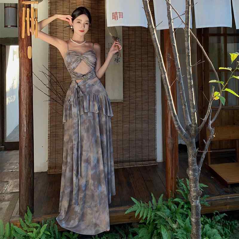 レディース ビーチ バケーション タイダイ柄 キャミソール ワンピース 快適 レースアップ エレガント ドレス 5,004円