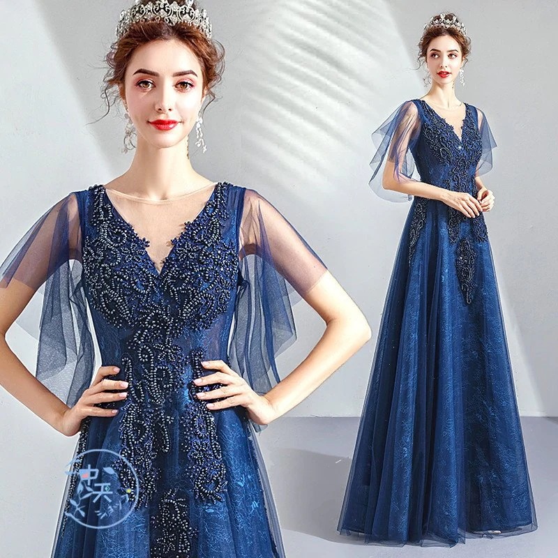 ウェディングドレス パーティードレス イブニングドレス マキシ ロングレディース Aライン チュール袖 Vネック 結婚式 謝恩会 高級 上品 華やか