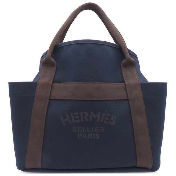 Hermesネイビーオレンジ コットン ポリウレタン ポリアミド 2WAYバッグ シルバー金具 ショルダー トート 紺