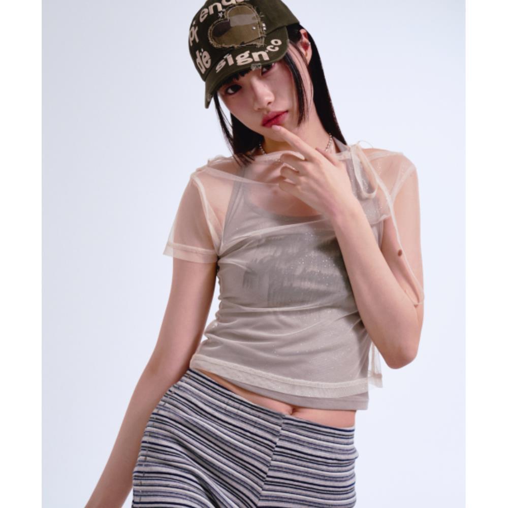 PRENDA GLITTER SEE THROUGH ONE SHOULDER LAYERED TEE KAHK