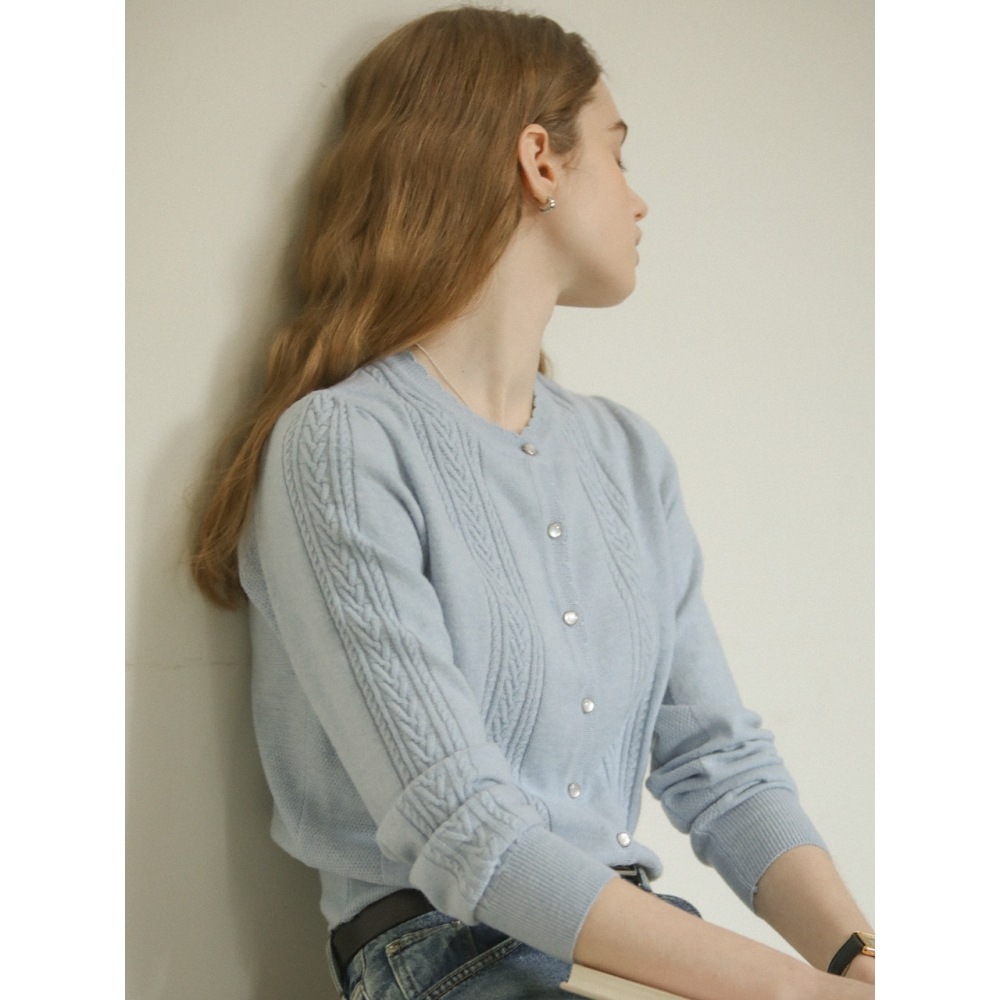 TILLIDIE スカラップケーブルカシミアブレンドカーディガンスカイブルー 12,728円