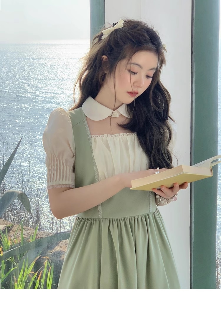 プラスサイズ 婦人服 スクエアカラー ハイウエスト ドレス サマー コート スタイル ロリータ スリム ドレス 個性的 ワンピース ロング ロング丈 袖あり 5分袖 五分袖 スクエアネック 襟なし