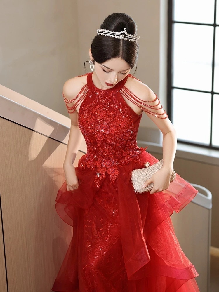 レッドタッセル花嫁 2025 ライトウェディングドレスアウトレット結婚式と婚約ハイエンドイブニングドレススカートレディース