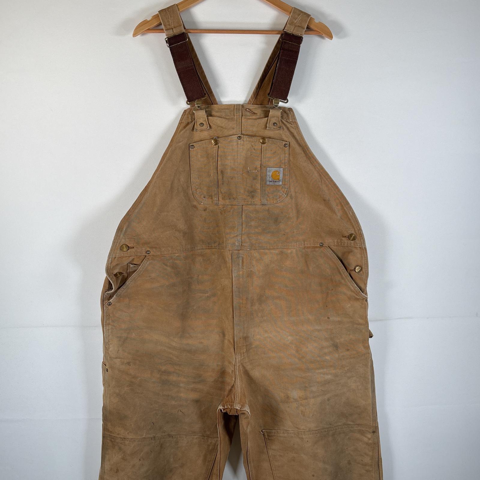 古着 USA製 オーバーオール ダック ワンポイントロゴ ワーク ダブルニー 大きいサイズ ハンマーループ w50 L30 キャメル メンズ