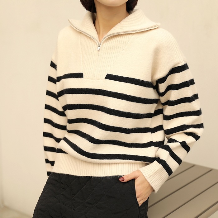 [韓国ファッション] ボーダーハーフジップハイネックニット