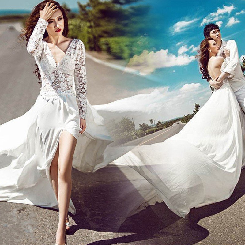 ウエディングドレス エンパイア 安い 長袖 トレーンドレス 前ミニ ウェディングドレス 結婚式 二次会 ロングドレス 花嫁 パーティードレス 発表会