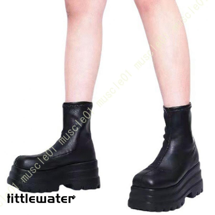 ブーツ レディース 黒 スリップオン 履きやすい 柔らかい ストレッチブーツ ショート 厚底 歩きやすい スタイルアップ ラウンドトゥ 合皮 ショートブーツ