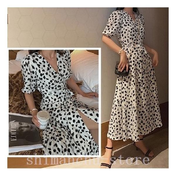 ラップワンピースマキシ丈ウエストリボンダルメシアン柄カシュクールドレスレディースパフスリーブスリット夏 5,702円
