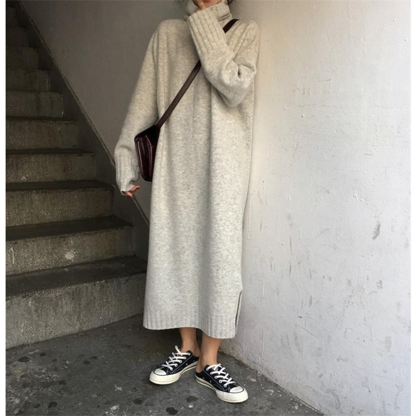 ニットワンピース レディース ニットセーター 秋冬 長袖 ハイネック メリヤス マキシ丈 上品 ゆったり スリット ロング丈 暖かい おしゃれ 送料無料