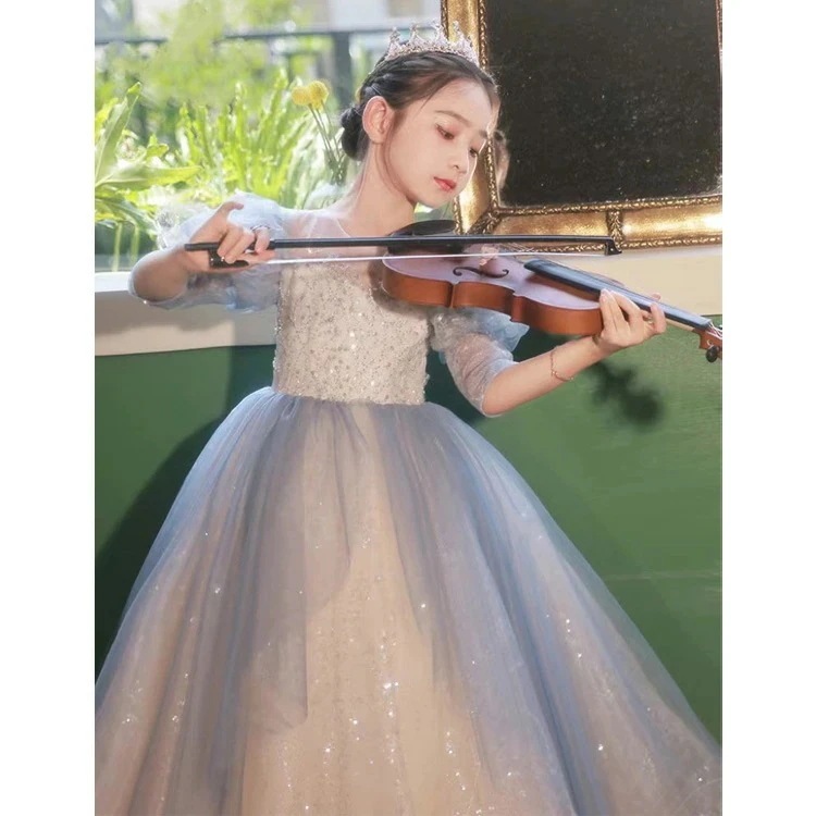 子供ドレス ピアノ発表会ドレス ブルー シャンパン色 演奏会ドレス 女児ドレス キラキラドレス スパンコール ロングドレス キレイめ 女の子ドレス キッズドレス 演出服 フォーマル 子どもドレス 10