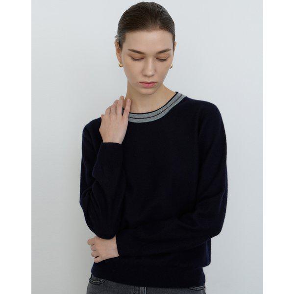 [24FW] [ウール100%] ネイビーネックライン配色長袖ニット DLSW4DE99N3