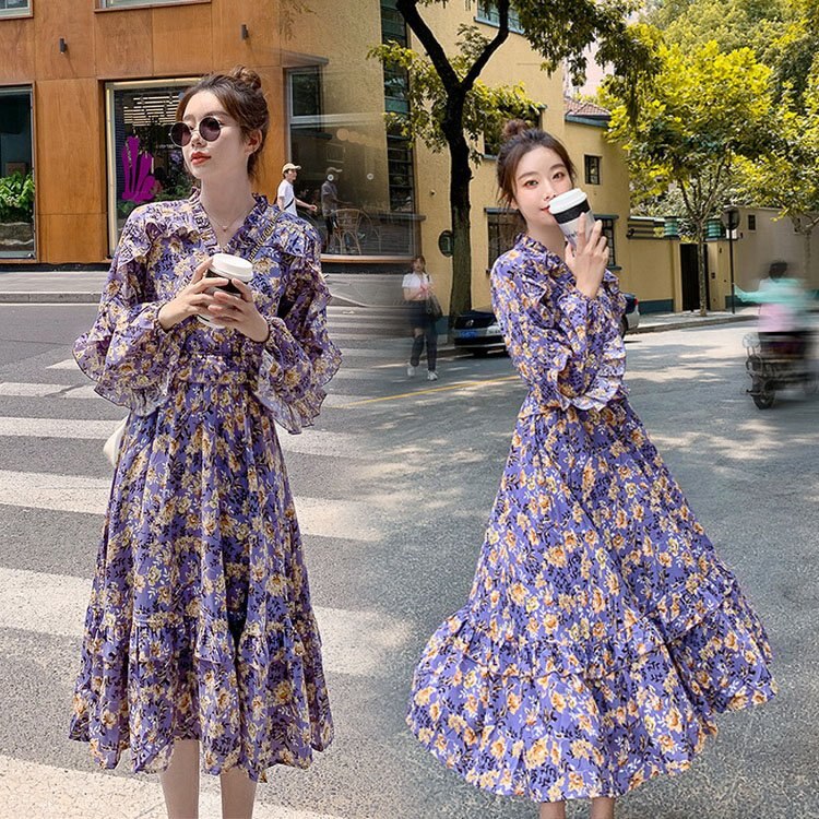 ワンピース レディース 40代 春秋 キレイめ膝丈ワンピース 長袖 花柄ワンピース vネックワンピース フレア Aライン ロング丈 オシャレ 韓国風 着痩せ 大人可愛い 母の日