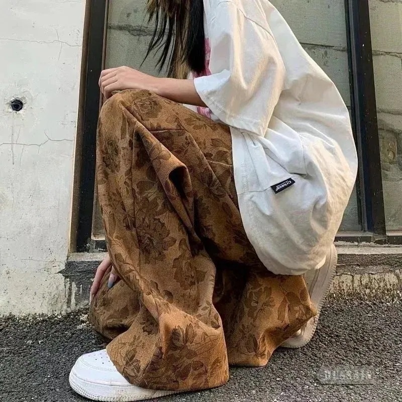 ワイドパンツ 涼しげ アーバンモードな 柄パンツ ルーズシルエット ワイドパンツ コーデュロイ 総柄 ボタニカル プリント イージー 花柄 3XL展開 カジュアル ストリート 韓国っぽgh