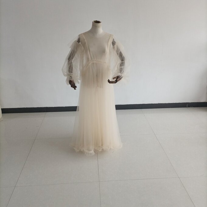 妊婦ドレス マタニティ 写真撮影 シャンパン色 ふわふわ 長袖 ワンピース ソフトチュール