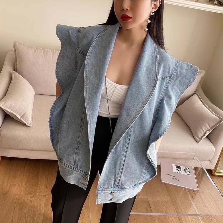フリルノースリーブオーバーサイズデニムジャケット デニムジャケット デニムベスト デニムジレ 水色 ライトブルー 青 ブルー 韓国 オルチャン レディース フリル袖 フリルスリーブ オーバーサイズ