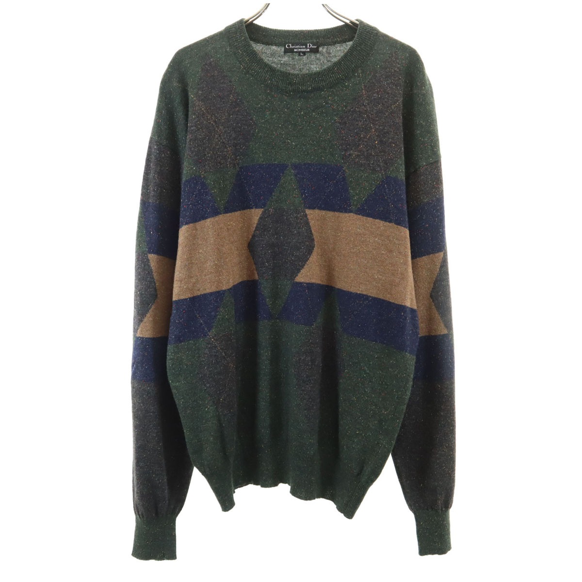 美品 Christian Dior MONSIEUR クリスチャンディオール ムッシュ 90s オールド アーガイル柄 長袖 ニット L 深緑 セーター メンズ 古着