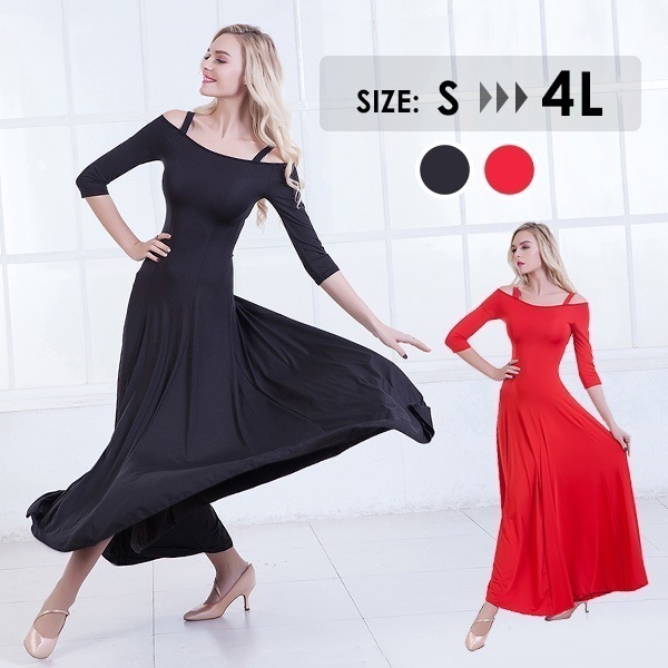 ドレス 社交ダンス 衣装 ワンピース モダン ドレス ダンスウェア 競技着 練習服 ワルツ タンゴ服 インターナショナルダンス キャミソール ワンピース スタンダード 演出用 黒 レッド 赤 大き