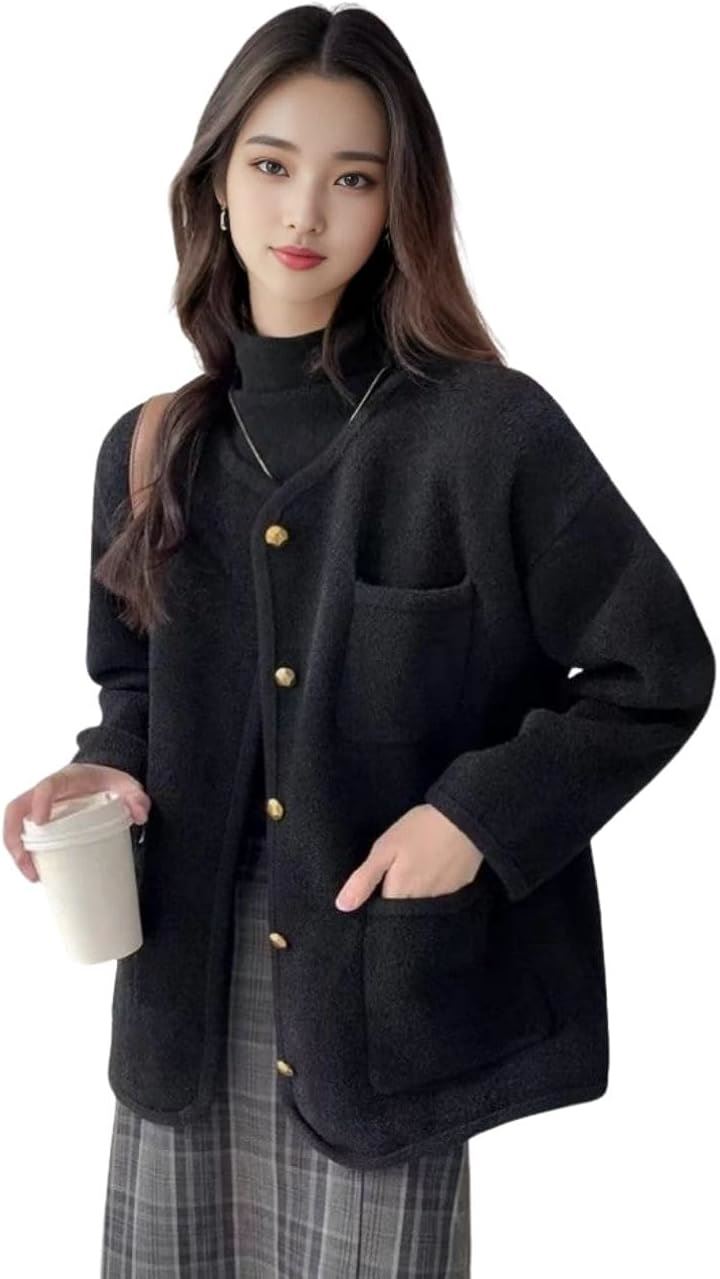 ブルーベリル ボアジャケット ノーカラー ポケット付き 金ボタン ゆったり 秋冬 カジュアル 暖かい 軽量 防寒 レディース 人気 通勤 通学 BB088-BK-L (ブラック, L) 4,666円