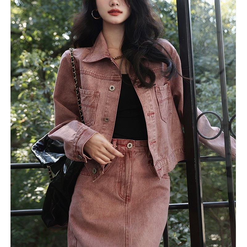 ウォッシュドピンクコットンショートコートスーツ女性用春新スタイルレトロファッショナブル2点セットトレンディ 母の日 プレゼント 7,217円