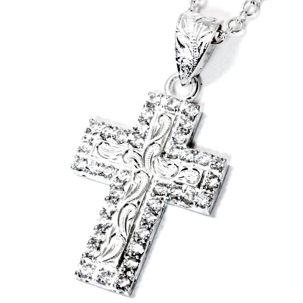ハワイアンジュエリー ペンダント ネックレス クロス 十字架 クリアジルコニア スクロール 波 プレート メンズ シルバー925