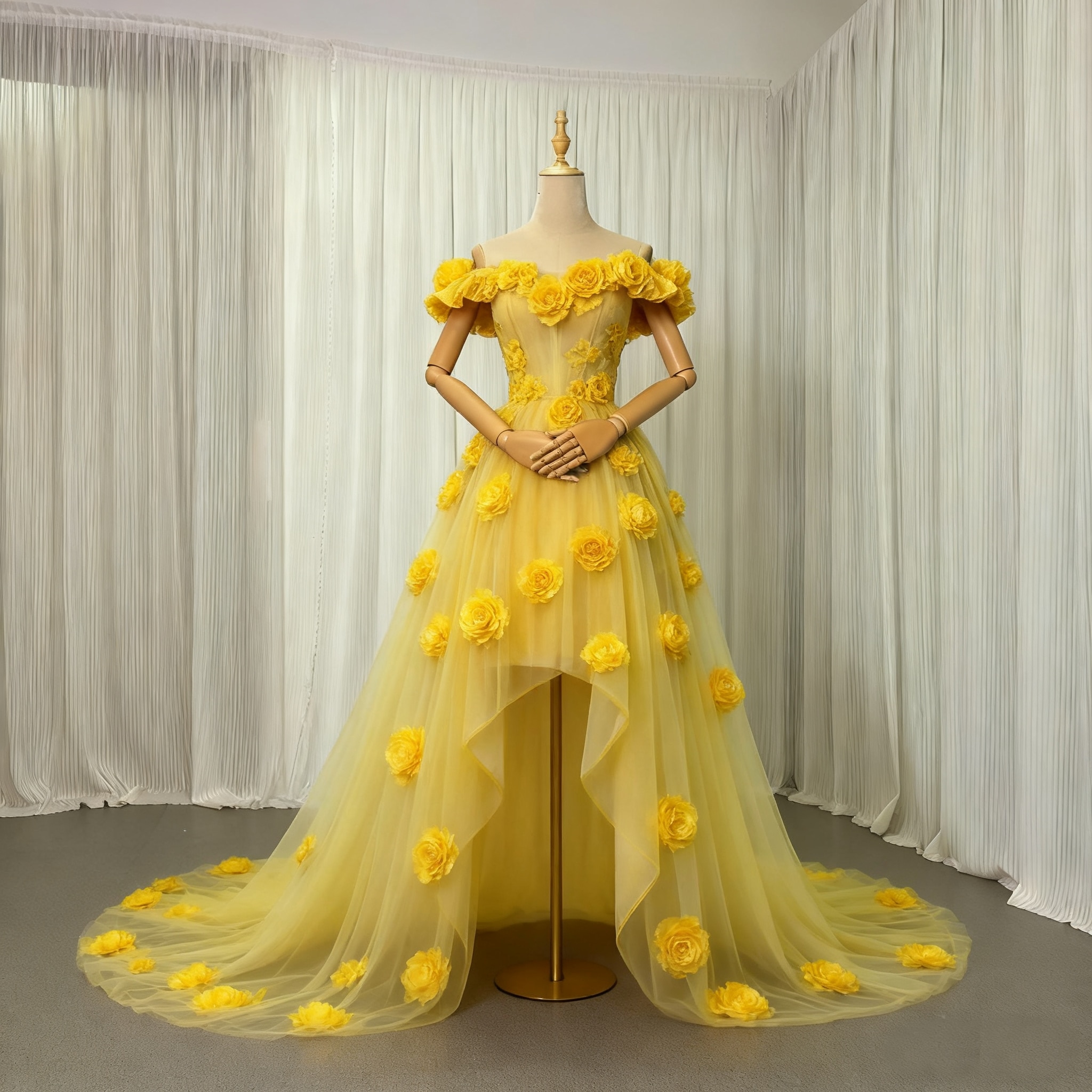 カラードレス パステルイエロー オフショルダー バラトレーン フィッシュテール 華やかなトレーン 花嫁 前撮り