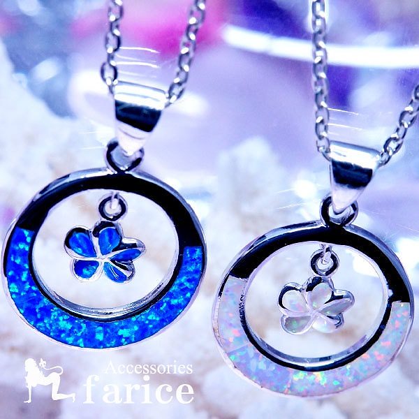 オパール装飾 プルメリア(花)&サークルプレート フラワードロップデザイン レディース ハワイアンジュエリー シルバー925 ペンダント ネックレスブルーorホワイト