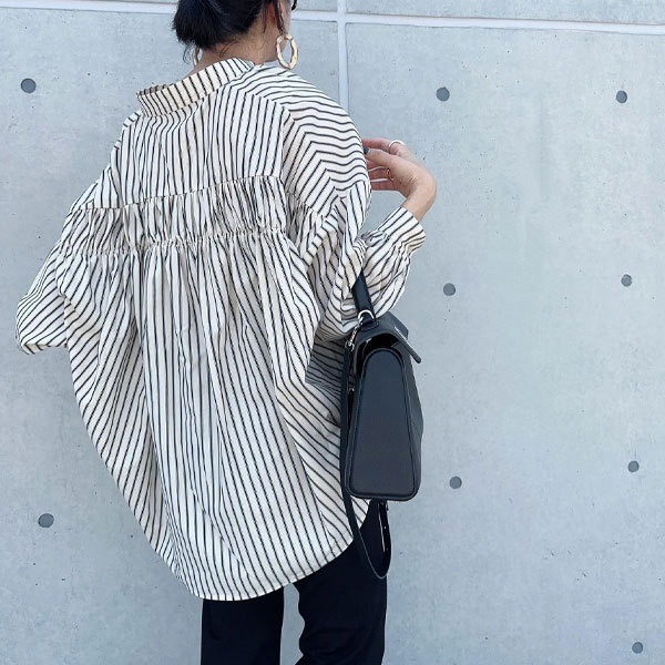 【大好評】 ストライプ柄 ナチュラル 長袖 スタンドネック ギャザー シャツ 4,788円