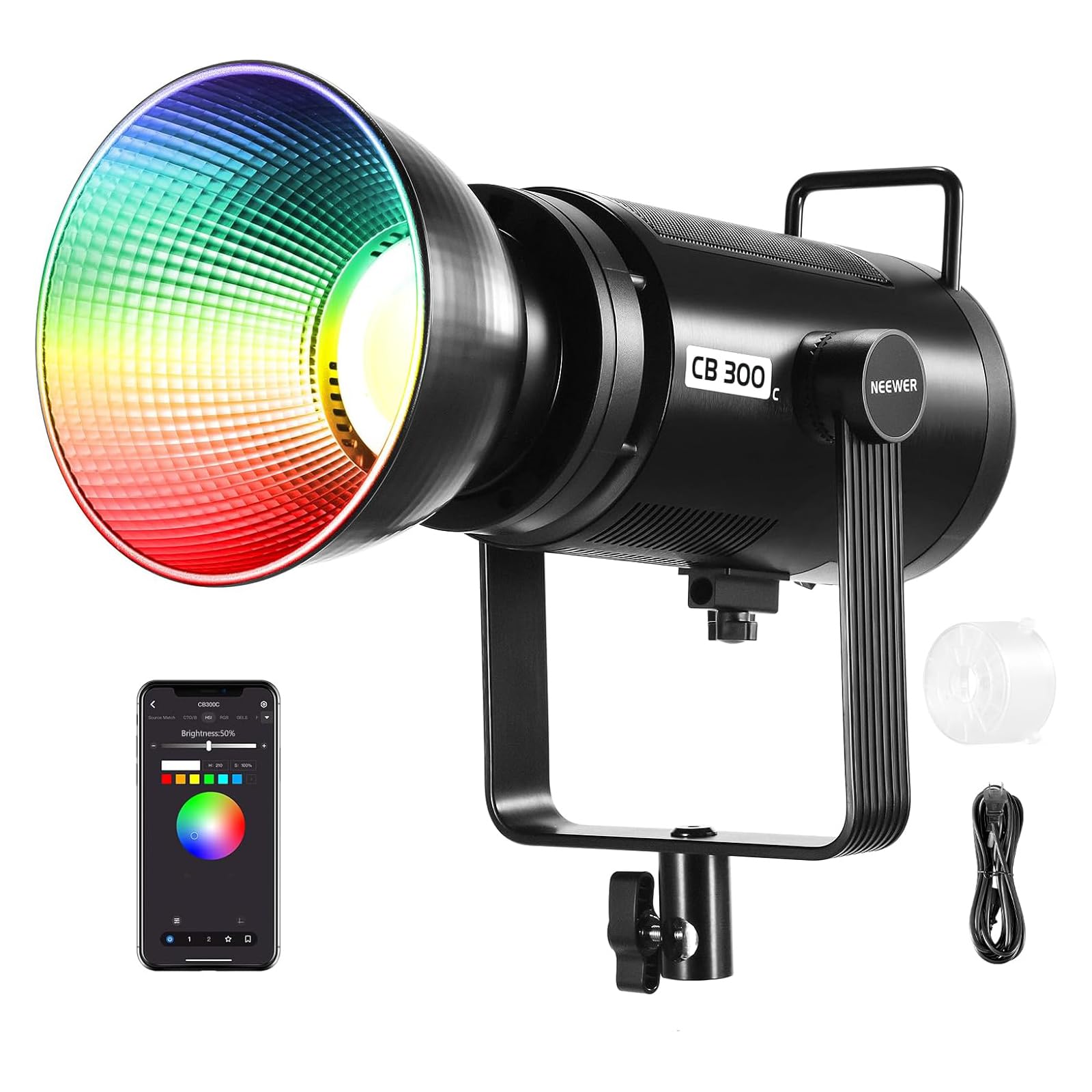 NEEWER CB300C 300W RGB LED撮影用ライト COBビデオライト スタジオ撮影照明 2500K-7500K 色温度定常光ライト CCT CRI97+ 高輝度 高演色性 調光可能 撮