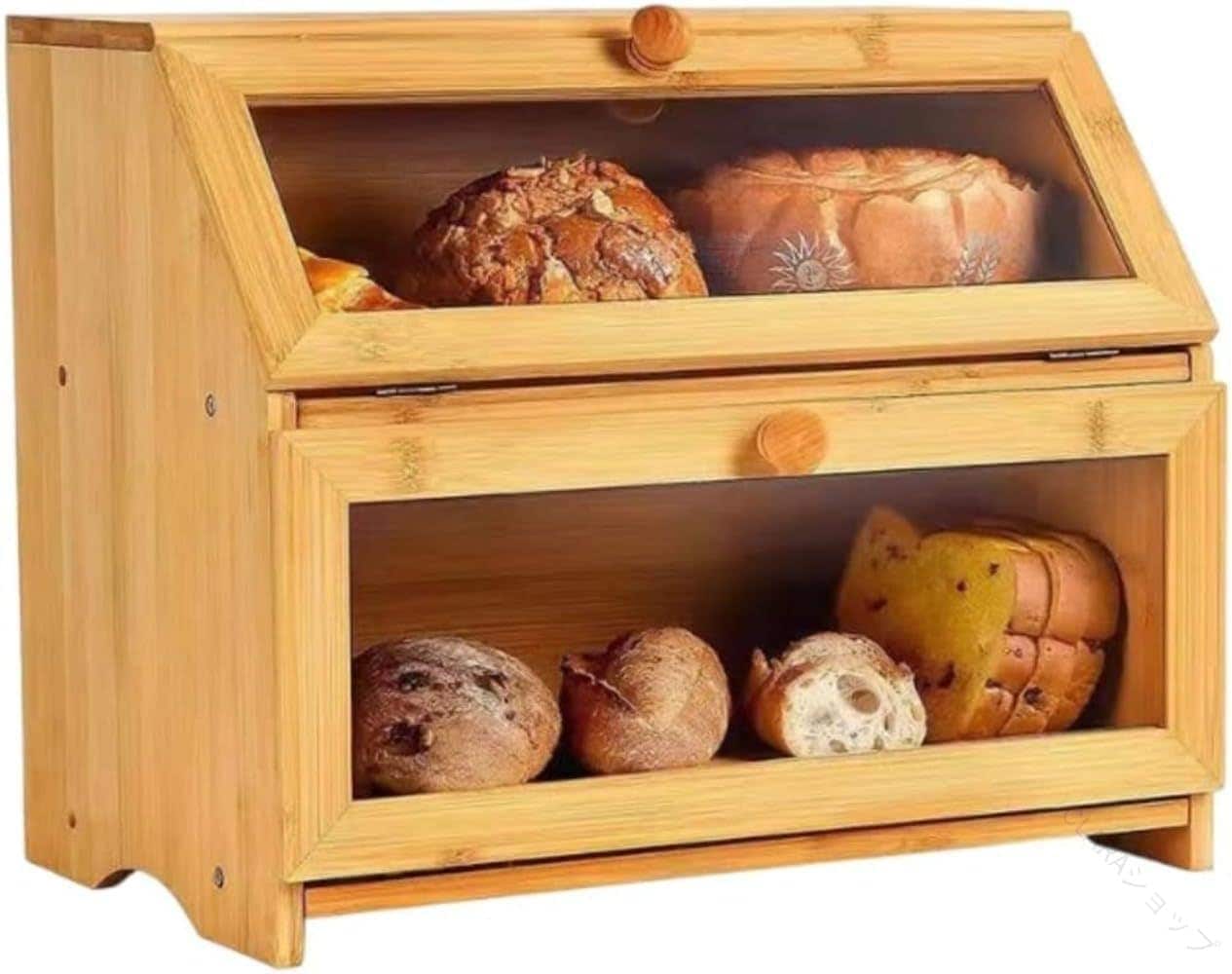 【今週だけお得】キッチン 収納 カウンタートップ 収納 パン箱 木製 キッチンカウンタートップ収納 透明窓 大容量 食器棚 デスクトップ 収納 キャビネット 調味料 穀物 食料品 ブラック