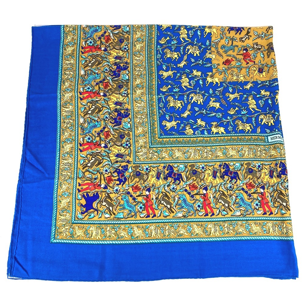 スカーフ カレジェアン 140 カレジェアン140 CHASSE EN INDE インドの狩猟 ショール ストール 大判 カシミヤ ブルー