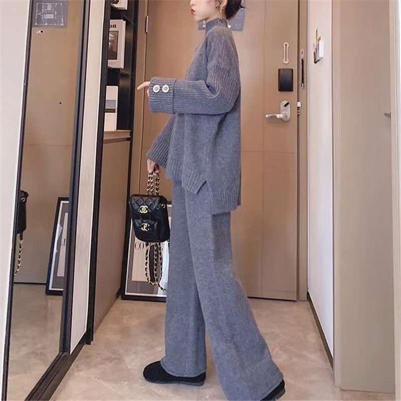 ニットスーツ女性秋冬新作洋気高襟セーター厚手アウターゆったり2点セット