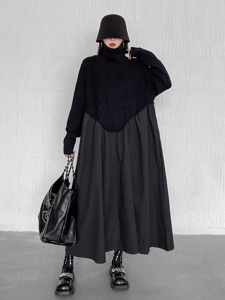 異素材ドッキングニットワンピース ロング ワンピース レディース 秋冬 長袖 タートルネック ニット スカート マキシ丈ワンピース ロングワンピ 個性的 モード系 変形 アシンメトリー 切り替え ビッ